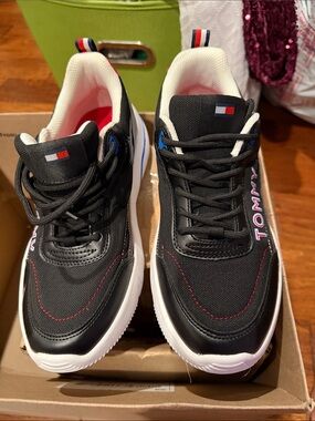 Tommy Hilfiger Black Sneakers with White Soles and Red & Blue Accents